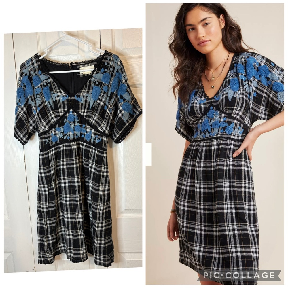Anthropologie Sarah Plaid Embroidered Tunic Dress Black White Blue Floral 0